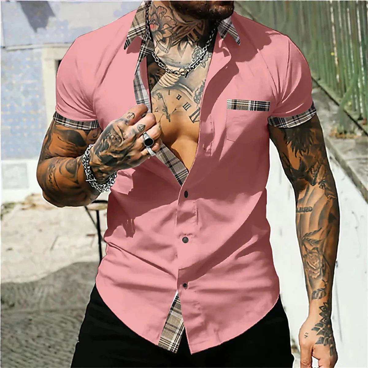 

Men's solid color patchwork collar short sleeved shirt for fashion, leisure, vacation, comfortable men's Hawaiian shirt