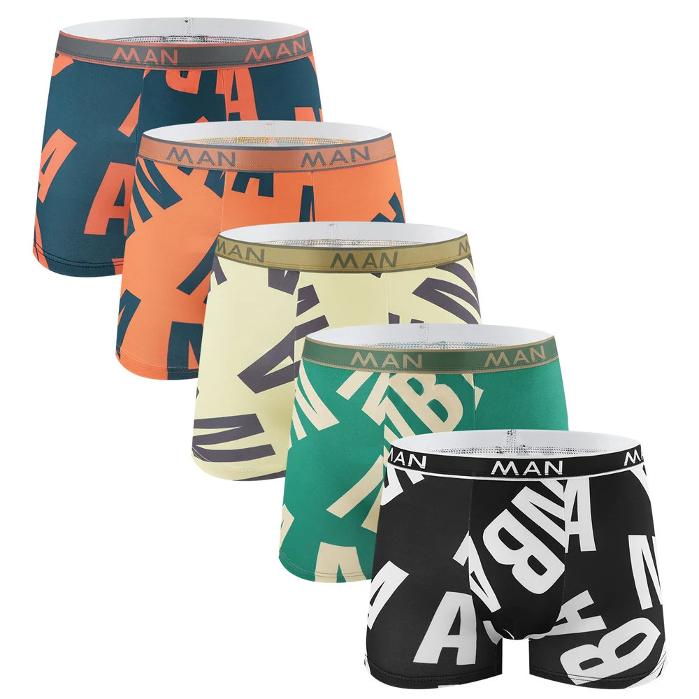 

4Pcs/Lot Trendy Letter Print Men's Boxer Briefs Breathable Comfortable Stylish Casual Underwear