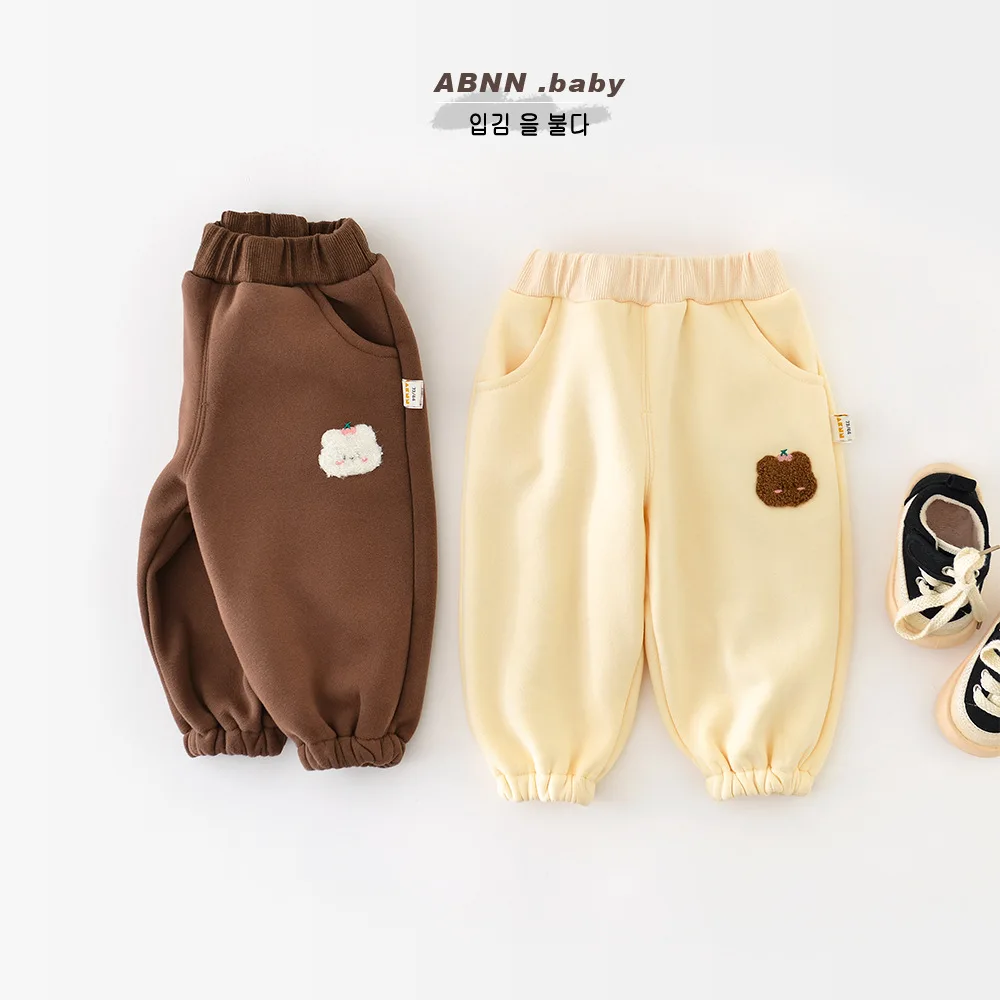 Autumn Winter Baby Boys Pants Cotton Plus Velvet Cartoon Bear Loose Solid Infant Boys Trousers Thickened Toddler Boys Pants