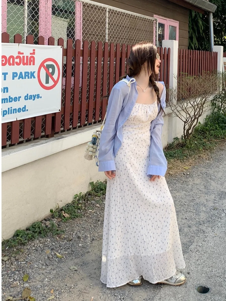 

plus Size Women's Sweet Floral Print Strap Dress Summer New Holiday Style Waist Cinched A-Line Skirt Set City Commute Korean ...