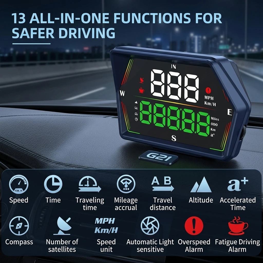 G21 Universal GPS HUD Car Head Up Display Speedometer Altitude Compass Time Over Speed Fatigue Driving Alarm Digital Dashboard