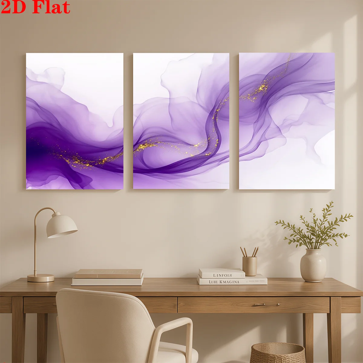 Frameless Canvas 2D 3pcs Canvas Art Wall Hanging- Purple Silk With Gold. Suitable For Decorating Offices, Dining Rooms, Livi