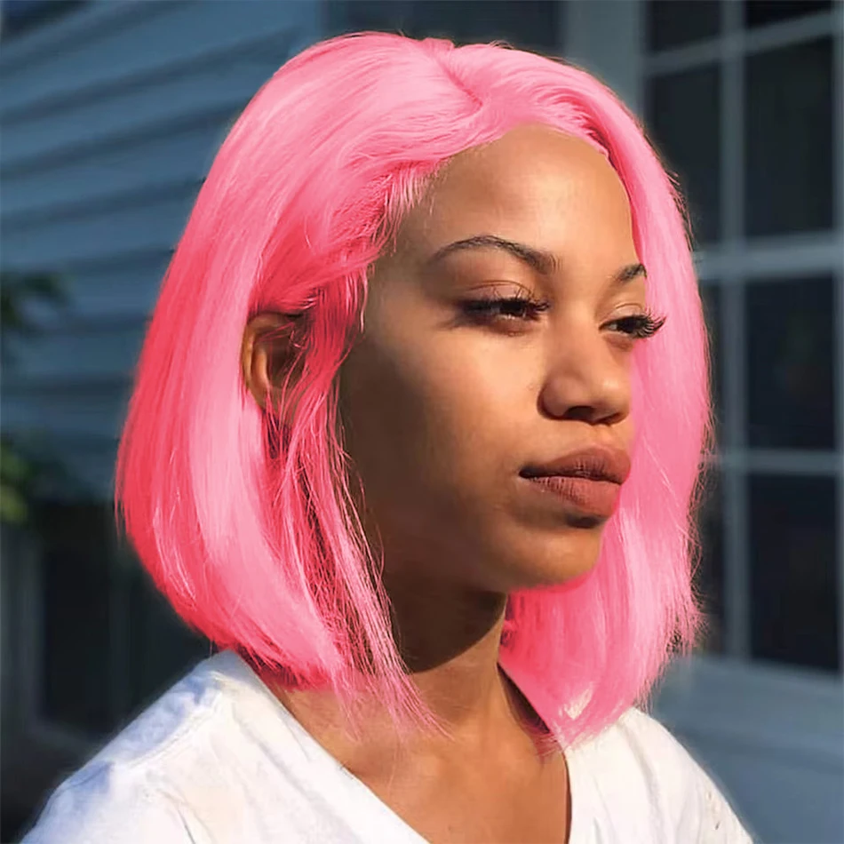 230% Pink Colored Short Bob Straight 13x4 hd Lace Front Wigs Brazilian 100% Human Hair Pre Plucked Lace Frontal Wig 14 16 Inches