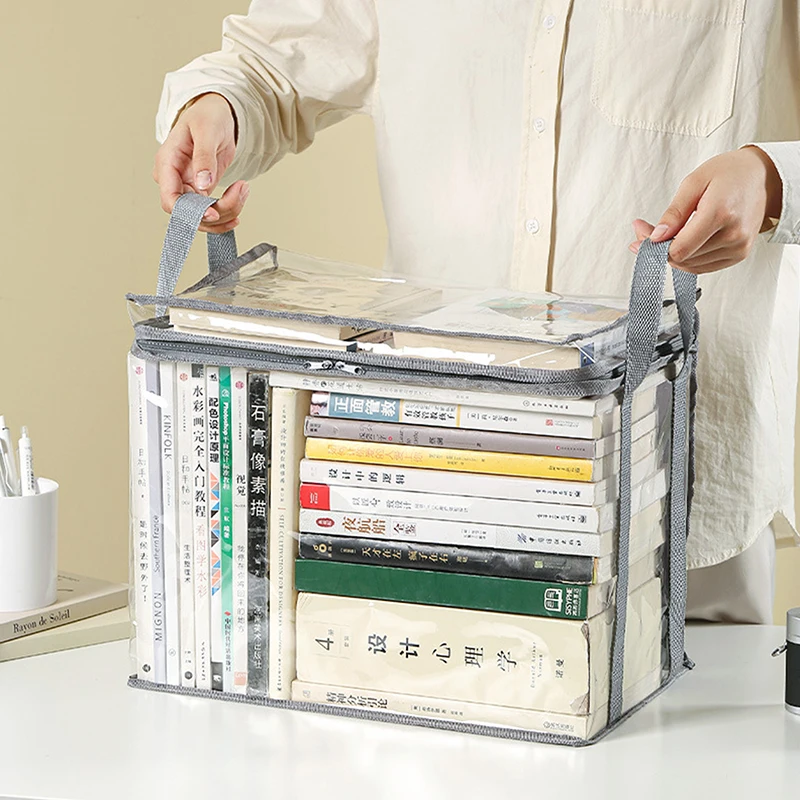 Book Storage Bag Transparent Collection Container With Handle Stackable Case Clutter Bin Dust Proof Organizer Collapsible Pouch