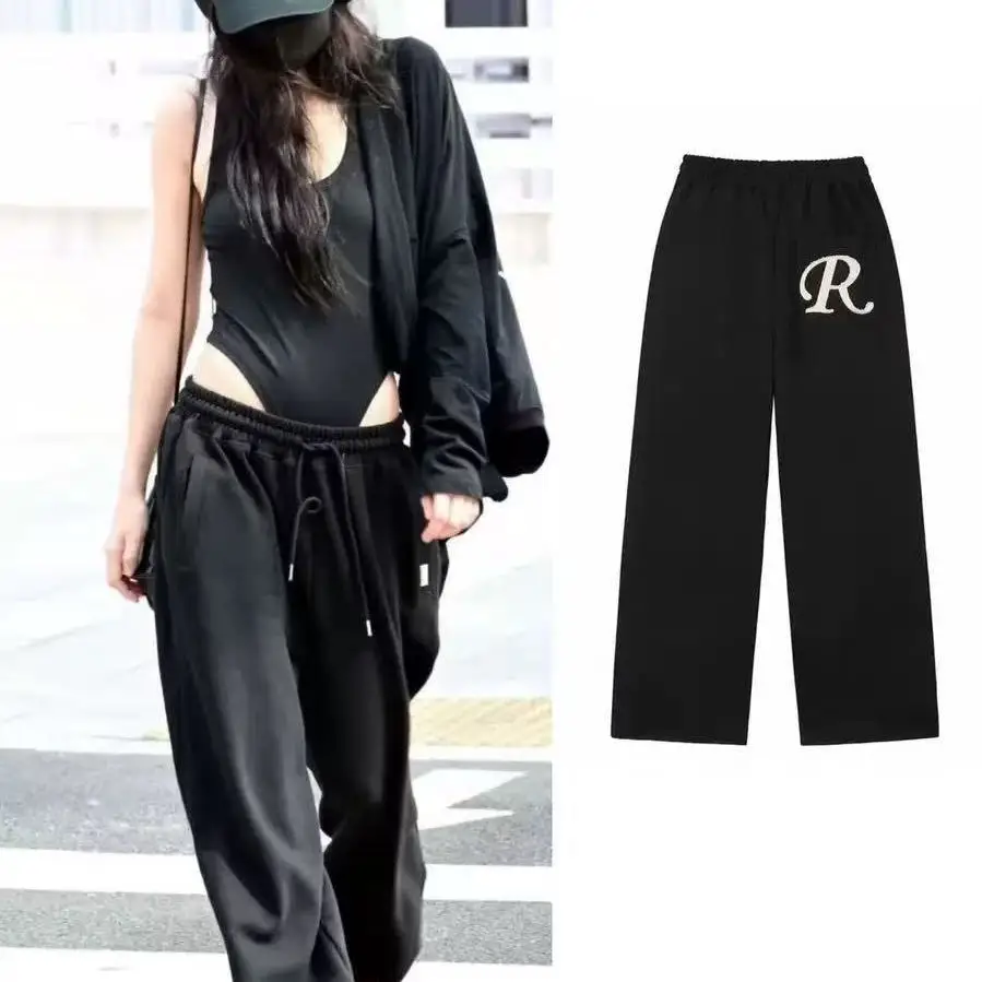 

Faionable Свободные прямые спортивные брюки для танцев Rocake с высокой талией, длинные хлопковые 00% женские брюки для поездок на работу