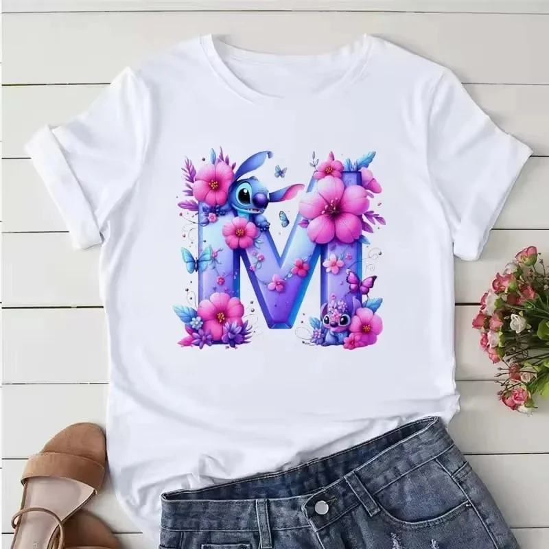 

Disney Lilo Stitch Font A B C D Printed T Shirt Fashion Summer Women Casual Short Sleeve Streetwear T-shirt Female Tops Tees