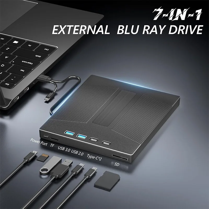 External Blu Ray Drive USB 3.0 BD/DVD/CD-ROM Player Burner for Laptop PC Support 100G Disc Optical Drives with SD/TF Card Slots