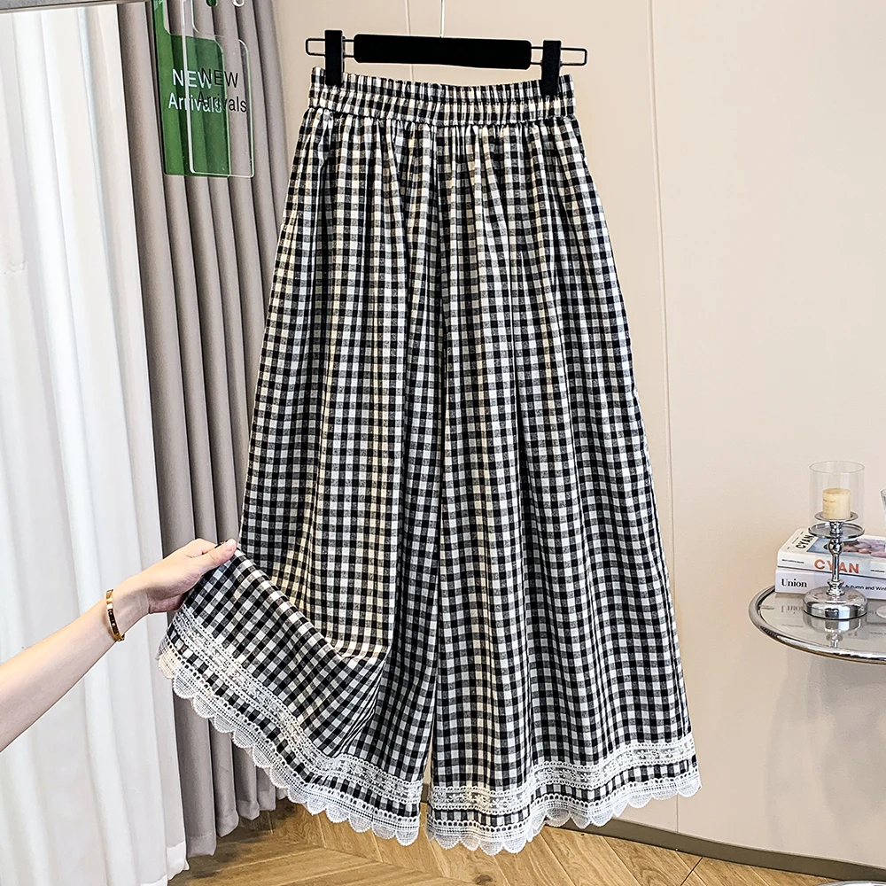 

Black White Contrast Lace Trim Plaid Wide Leg Pants Women Spring Loose Drapey Skirt Pants Nine Point Pants Casual Style