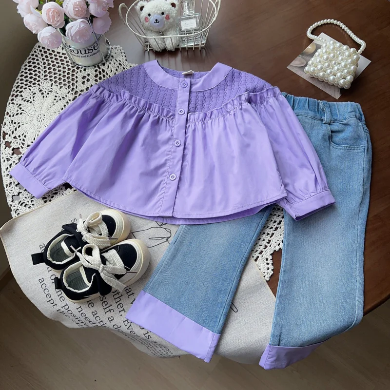 

New Autumn Korean Style Girls' Fashionable Sweet Lace Shirt Top Casual Jeans Children's Clothing