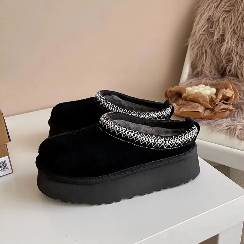 Botas cómodas de cuero y lana para invierno, zapatillas con plataforma, chanclas de piel, botas clásicas para mujer