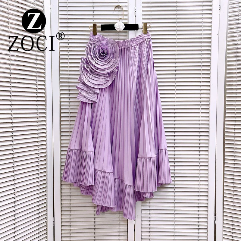 [ZOCI] Women High Waisted Pleated Skirt Mid To Long Style, Multicolored Irregular Pleats, Large Flowers, Big Swing