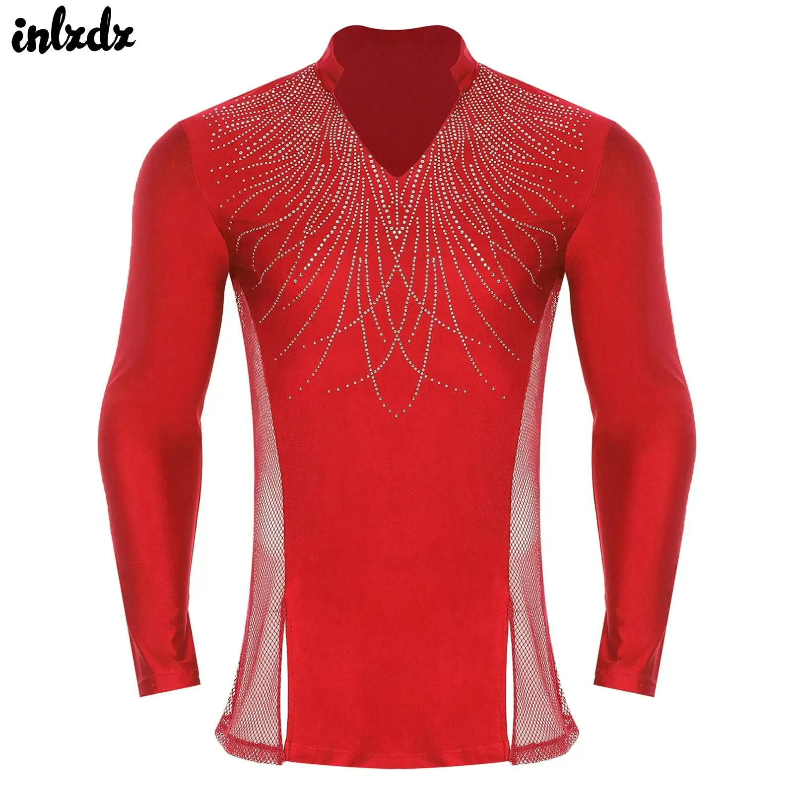 تي شيرت رجالي لامع بأحجار الراين سبليت لرقص الباليه وقاعة رقص التانغو والسالسا رومبا زي أداء الرقص اللاتيني