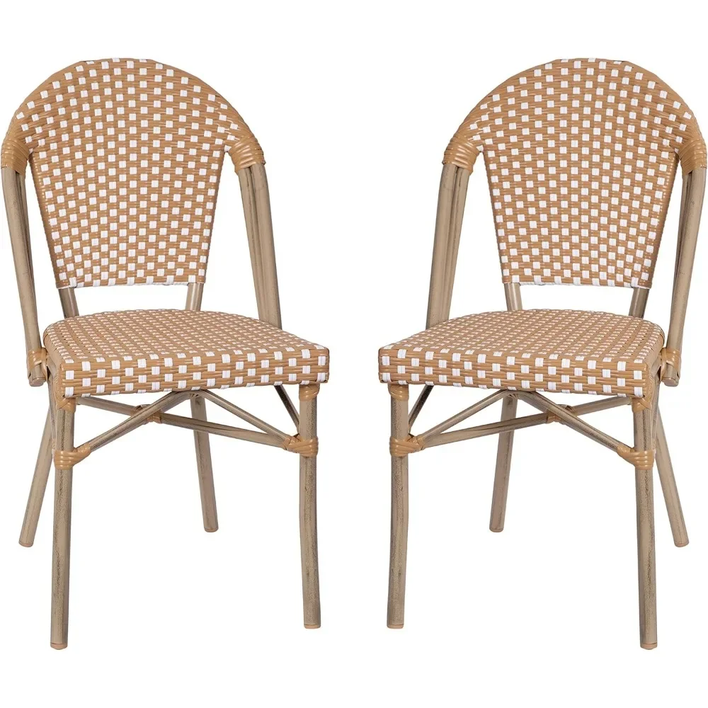 Set of 2 Indoor/Outdoor Commercial French Bistro Stack Chairs - White PE Rattan Back &Seat - Natural Bamboo Print Aluminum Frame