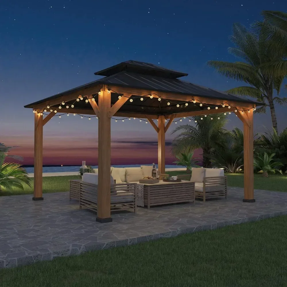 

L # 11x13 Hardtop Wood Gazebo, Outdoor Cedar Wood Frame Pavilion With Galvanized Steel Double Roof, For Garden, Backyard, Garden