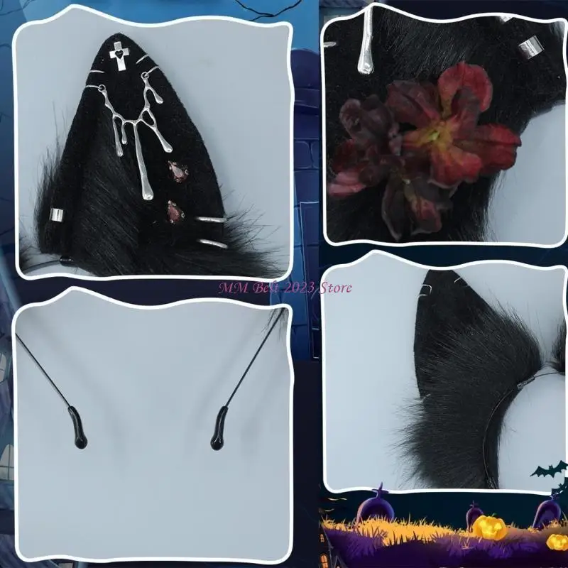 49ME Detailed Plush Wolf Ears Headband Cosplay Ear Accessory Headwear for Halloween Celebrations and Themed Party Wear