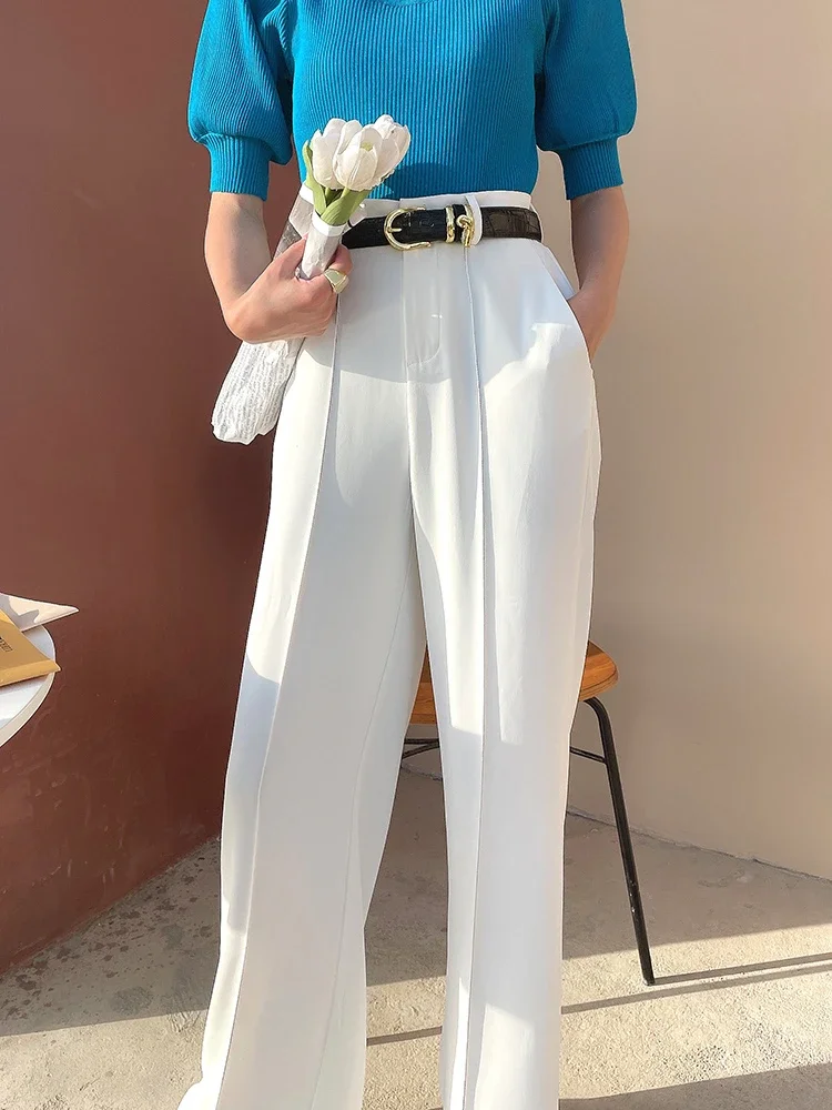 

Women's High Waisted Wide Pants, White, Solid, Leisure, Korean Fashion, Elegant Office, Summer, New, 2024