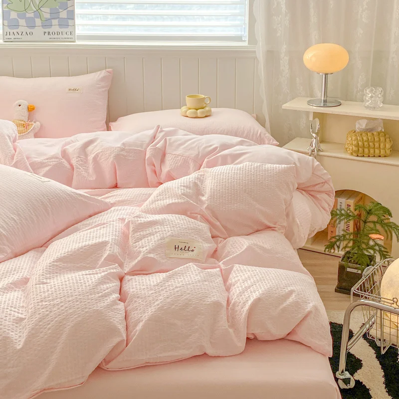 

Iins Seersucker Washed Cotton Four-Piece Bedding Set Cotton Solid Color Quilt Cover Set Bedding Three-Piece Set Bed Sheet