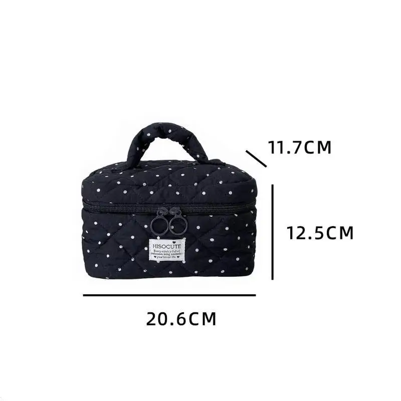 Niedliche, gesteppte Kosmetiktasche mit Polka-Dot-Muster, großes Fassungsvermögen, weicher Griff, ideal für Reisen und die tägliche Aufbewahrung von Hautpflegeprodukten. – Detail 8