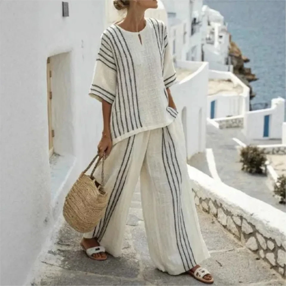 

Women Fashion Linen Cotton Short-sleeved Top + Trousers 2-piece Set Summer Print Stripes Retro Casual Loose Female Trousers Suit