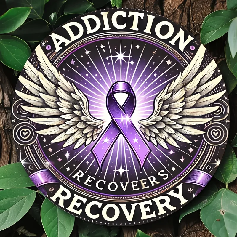HD Tin Sign, Addiction Recovery Purple Ribbon Wings Round Metal Wall Art, Sobriety Awareness Decor