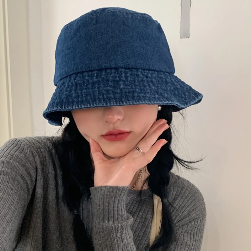 Autumn and Winter Fashion Bucket Hat Women's Flat Top Washed Denim Worn Out Caps