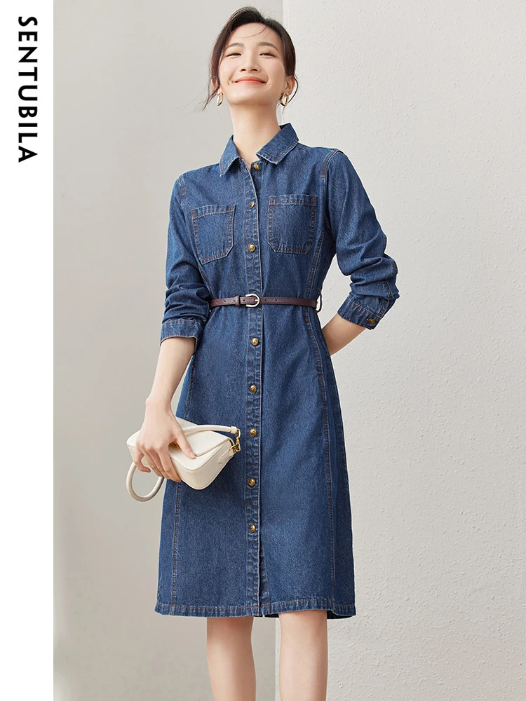 SENTUBILA 100% Cotton Denim Dresses Women 2024 Autumn Long Sleeve Button Up Midi Temperament Trendy Belt Dress Female W33L50577