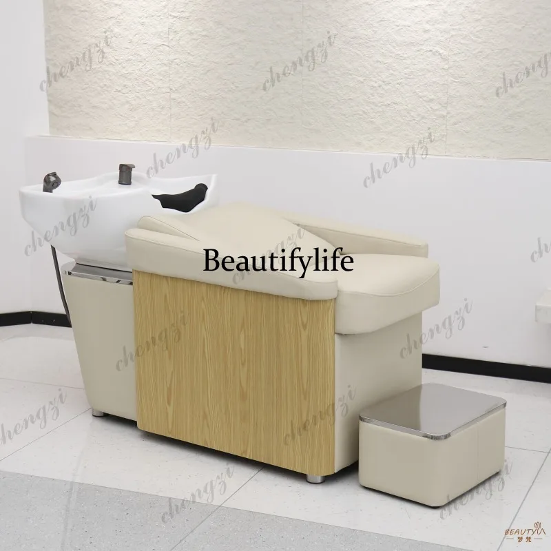 New barber shop half-lying shampoo bed ceramic basin microfiber leather silicone pillow hair shop flush bed hair salon special
