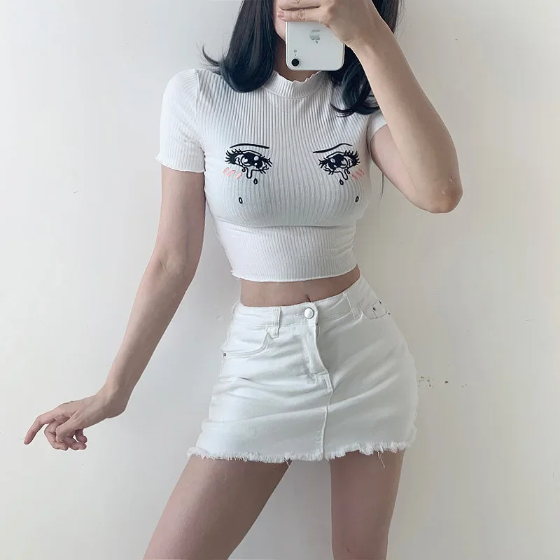 Anime Girls Cosplay Vest Pullovers Cartoon Embroidery Cute Crying Eye Lolita Costume Women Open Navel Thin Short Sleeve