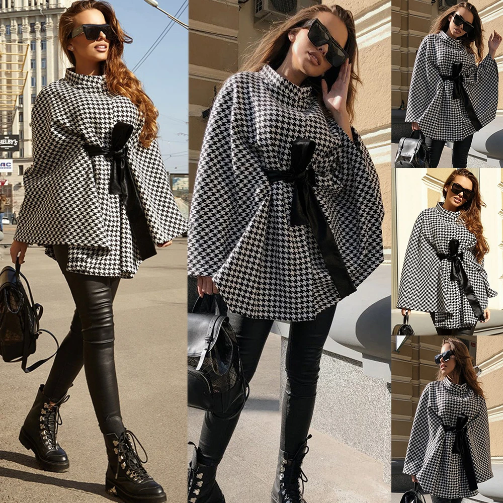 

Cloak Women Elegant Long Sleeve Pullover Fashion Houndstooth Ladies Cape Coat Sashes High Street Casual Oversized Autumn Winter