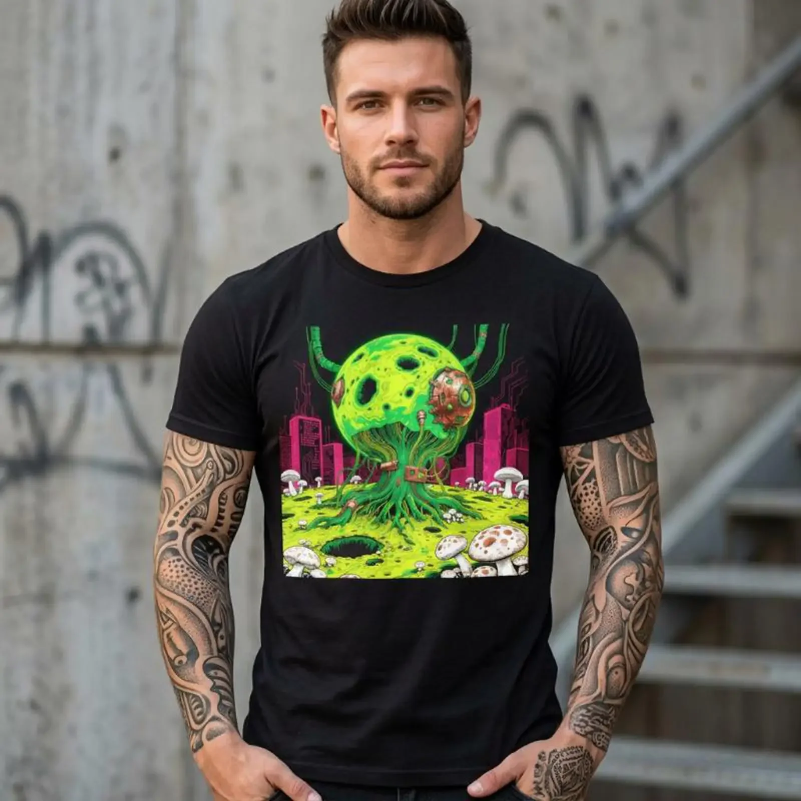 The Infected World Fungal Planet T Shirt Biopunk Cosmic Horror Black vintage Washed Soft homme Comfortable streetwear