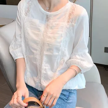 한국어 패션 레이스 패치 워크 o-넥 화이트 풀오버 블라우스 여름 캐주얼 여성 의류 랜턴 슬리브 느슨한 모든 경기 셔츠