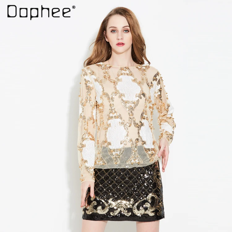 European Station New Sexy Personality Perspective Lace Long Sleeve Top Women's Heavy Industry Beaded Sequin Bottom Shirt Trend