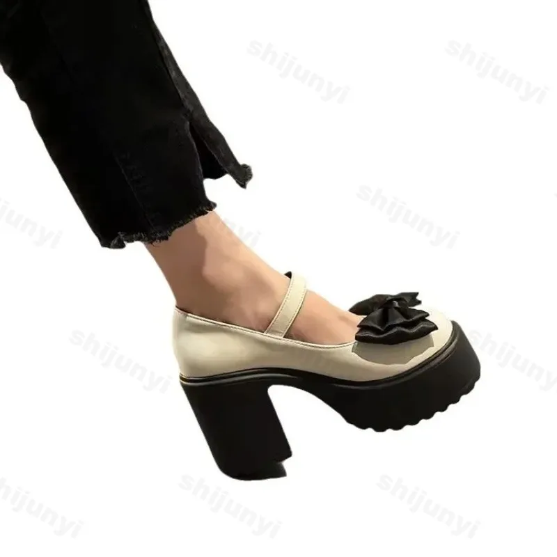 Platform Mary Jane Shoes 2024 New Women\'s Shoes Fashion Bowknot Thick Heel Pumps Trendy Street Lolita Shoes Round Toe High Heels