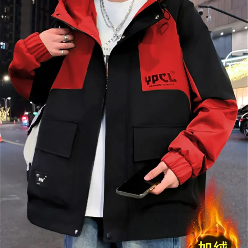 

Autumn Winter American Sle Men's Casual Loose Fce Lined Thiened Hooded Jaet Patchwork Print Trendy Outerwear
