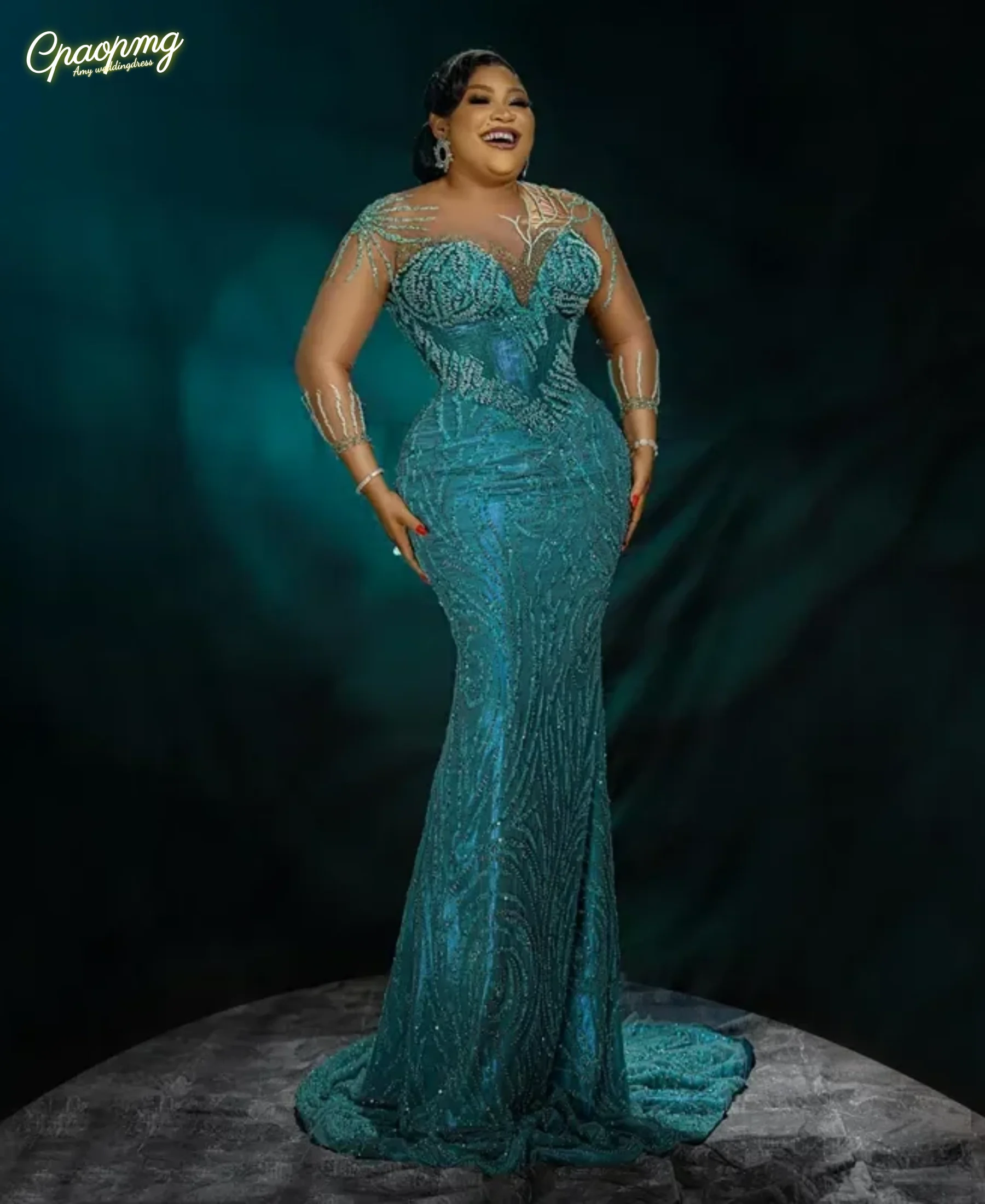 Customized Plus Size Prom Evening Dresses Illusion Lace Long Sleeves Beaded Birthday Party Gowns African Black Women
