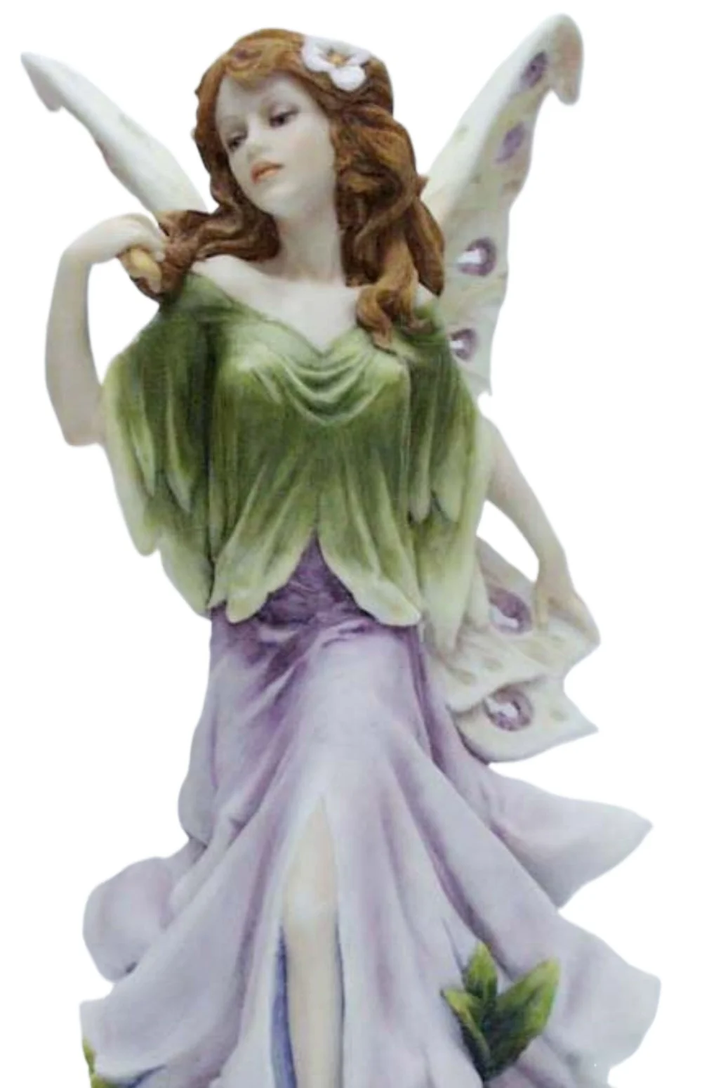 Resin Standing Flower Fairy Statue White Butterfly Wings Green Purple Long Dress Plant Base Elf Sculpture Home Garden Decoration