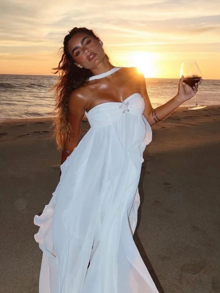

2025 Strapless Ruffled Tassels White Summer Dresses Halter Irregular Mesh Women's Beach Vacation Birthday Party Dresses Vestidos