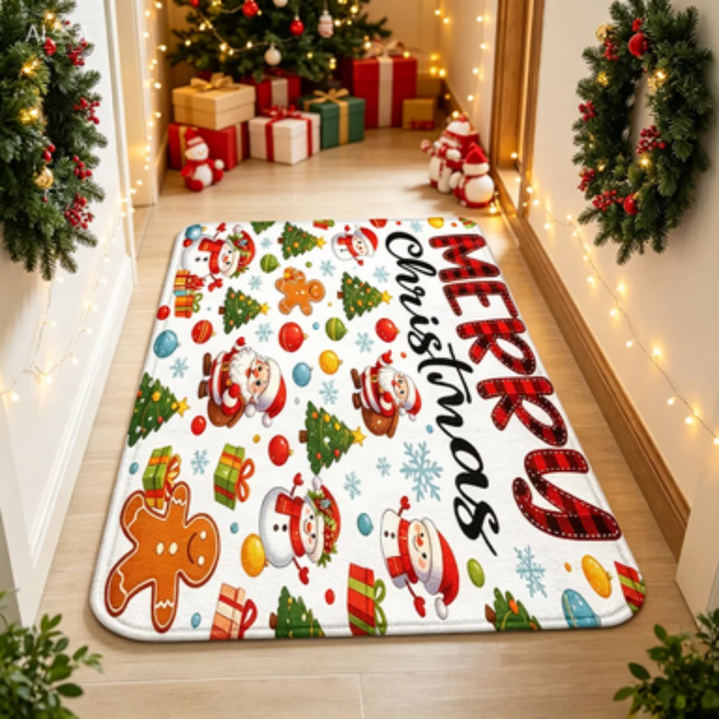 Winter Christmas Long Runner, Snowy Snowman Entrance Mat, Gingerbread Man Allover Doormat, Red Nose Reindeer Vintage Mat.
