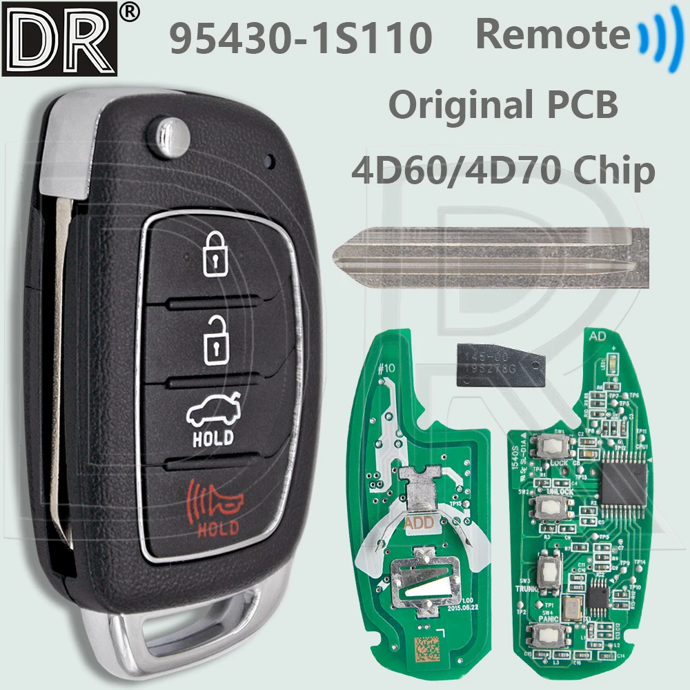 

DR Original PCB 95430-S1100 4D60 80Bit Or 4D70Chip 433MHz Board HYN14R Flip Car Remote Control Key For Hyundai HB20 2016-2019