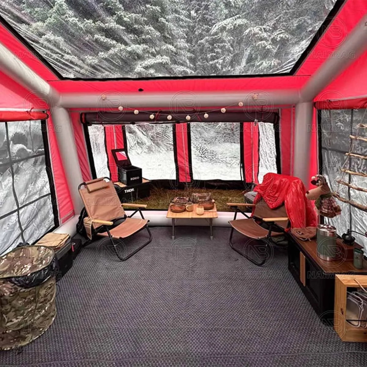 เต็นท์แคมป์ปิ้งสำหรับครอบครัว สีแดง ทำจาก PVC กันน้ำ แบบเป่าลม สำหรับตั้งแคมป์ 4 ฤดู