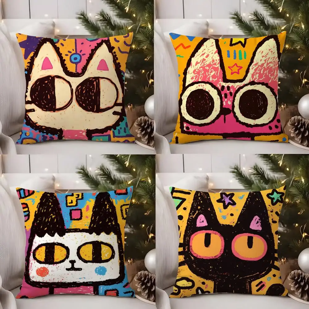 

Dopamine Doodle Cat Cushion Cover Short Plush Double-sided Print Square Throw Pillow Covers Sofa Home Cushion Decor
