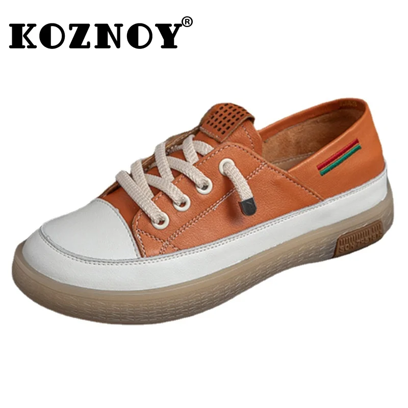 Koznoy Flat Women Shoes Genuine Leather 2cm Cow Ladies Summer Autumn Summer Comfy Women Fairy Leisure Lace Up Nurse Multicolor