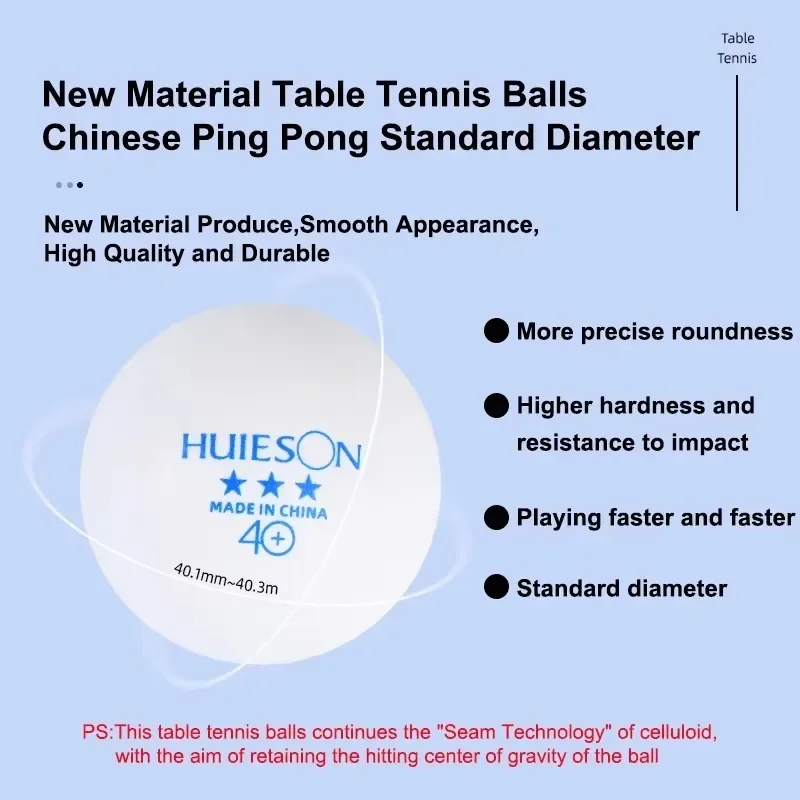 100PCS Huieson Blue Logo Table Tennis Ball Seamed 3Stars ABS New Material Durable 40+ Ping Pong Ball for Club Training Wholesale