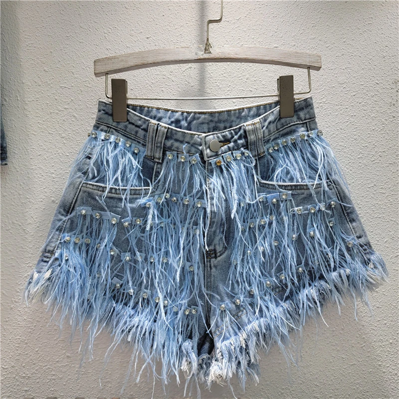 

Summer New Ostrich Hair Slim Tassel Shorts Fashion All-Match Denim Shorts Women's Fashionable Distinctive Street Style