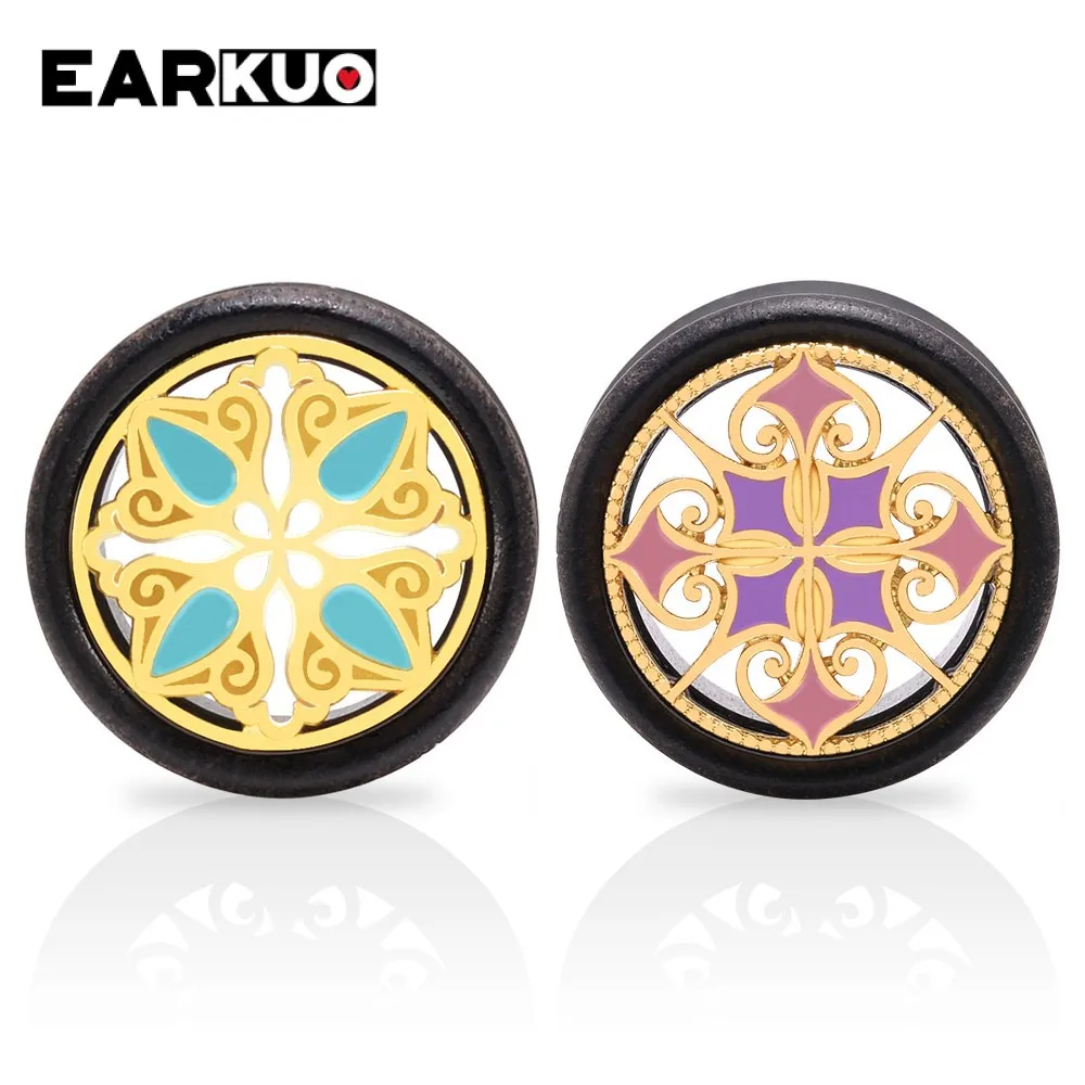 EARKUO Fashion Design Wood Stone Shell White Line Ear Piercing Plugs Stretchers Body Jewelry Ear Tunnels Gauges Expanders 2PCS