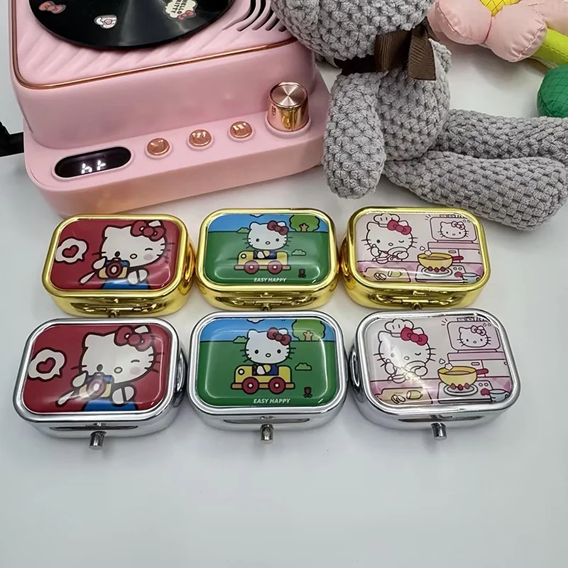 Sanrio Cartoon Hello Kitty Metal Divided Small Medicine Box Portable Packing Box Travel Mini Moisture Storage Box With Mirror