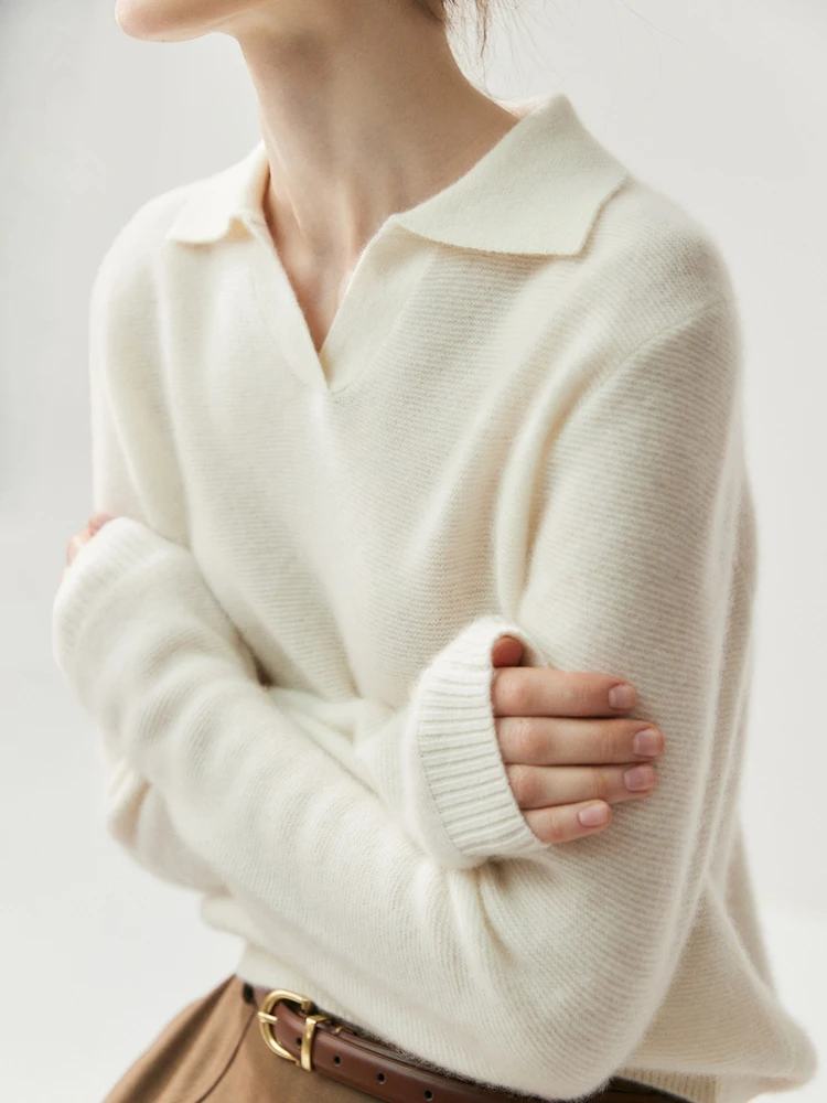 Women's Autumn Winter 100% Cashmere Sweater Polo V-Neck Pullover Simple Elegant Basic Casual Knit Top