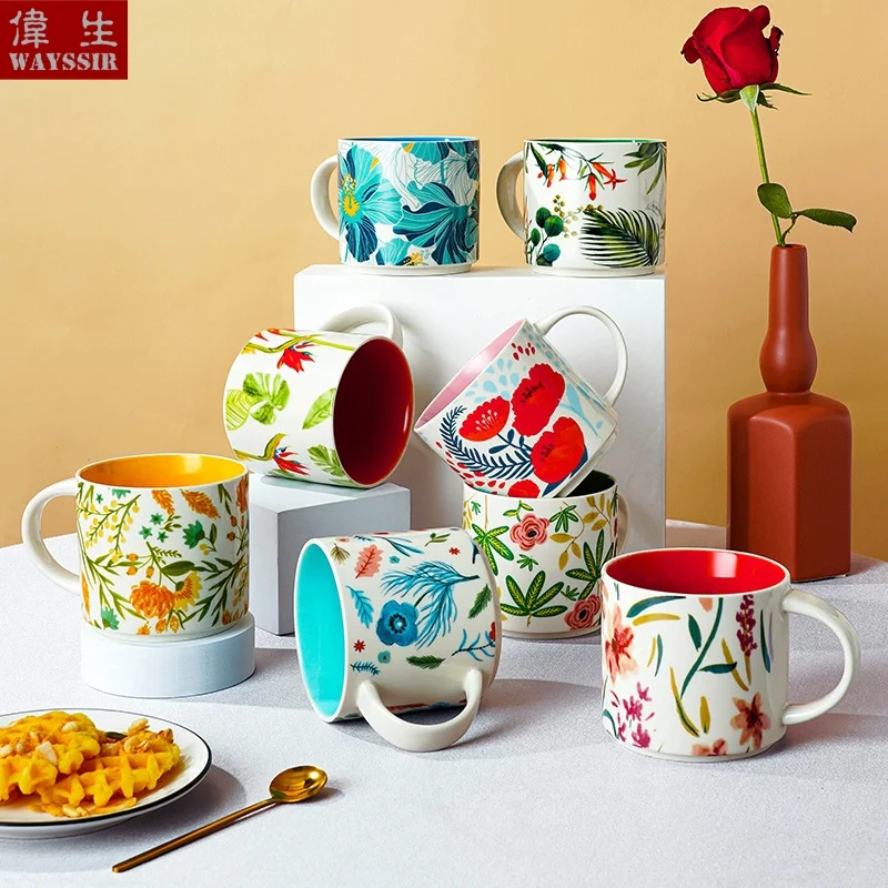 

450ml 8 Colors Hand-made Flower and Bird Design Porcelain Mug Coffee Water Handle Milk Cup Breakfast Mug Ceramics Tea Cup