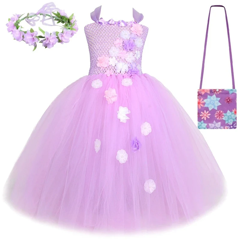 Encanto Isabella Long Dresses for Girls Lavender Flowers Fairy Ballet Tutus Outfit with Garland Kids Christmas Carnival Costumes