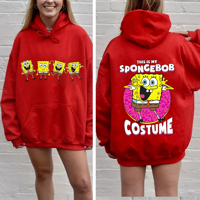 MINISO SpongeBob SquarePants printed ladies hoodie autumn and winter plus velvet sweater red top personalized women's clothing